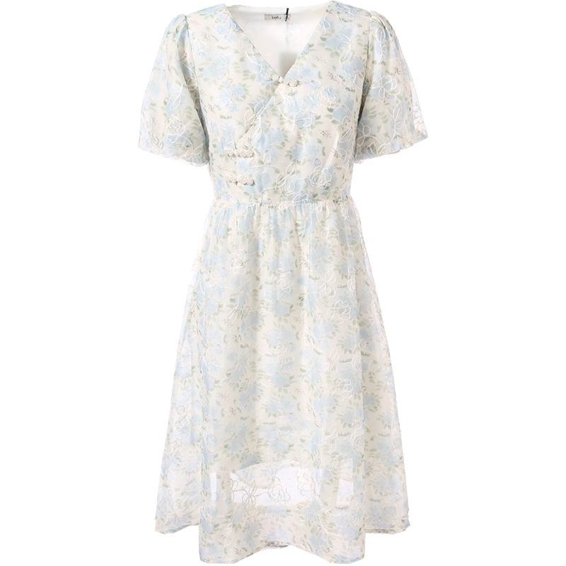 百图betu女装夏季新款连衣裙新中式V领碎花刺绣蕾丝连衣裙2405T65 浅蓝 L