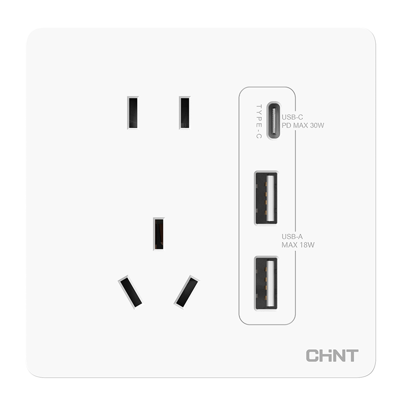 正泰（CHNT）开关插座 五孔插座带USB+Type-C 30w快充 6C奶油白
