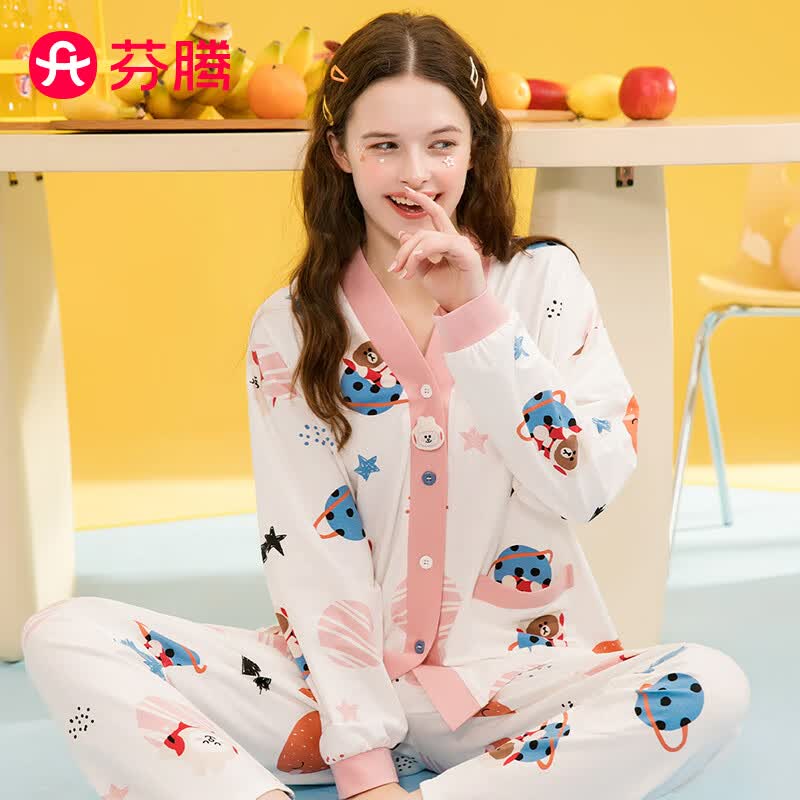 芬腾 睡衣女纯棉2023年秋季新款IP布朗熊联名开襟V领长袖家居服套装 优雅白 L怎么样,好用不?