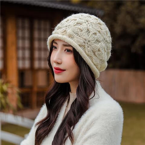 名矜手工钩花帽子女秋冬百搭保暖柔软花朵套头帽双层针织毛线帽包头帽