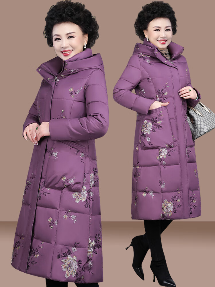 菲洛曼(feiluoman)老年人绒棉服女长款冬季时尚绣花棉袄大码妈妈冬装