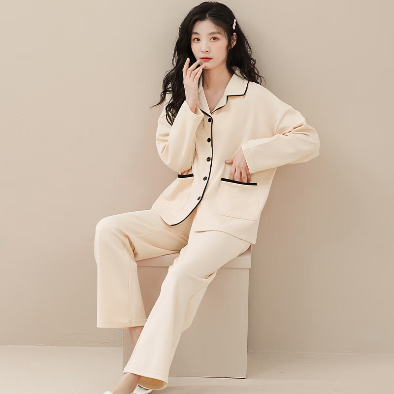 猫人仿棉舒适 春秋新款 长袖开衫 翻领套装 纯色女士加大码 家居服 奶油杏 M --建议【90-100】斤