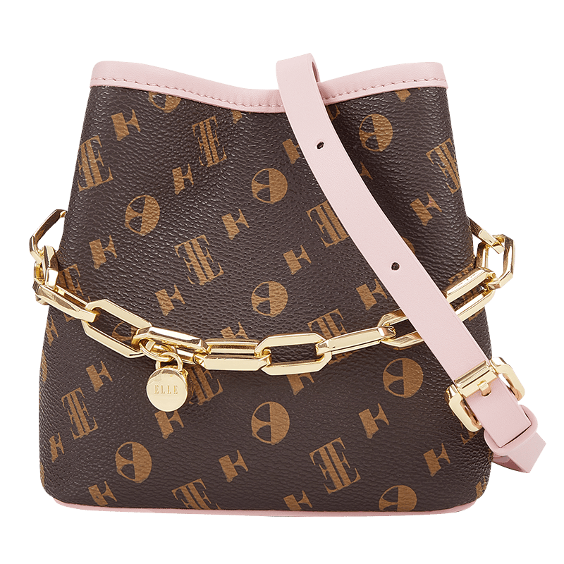 ELLE女包新款老花鏈條水桶福袋鑰匙斜挎包中秋禮物24449粉