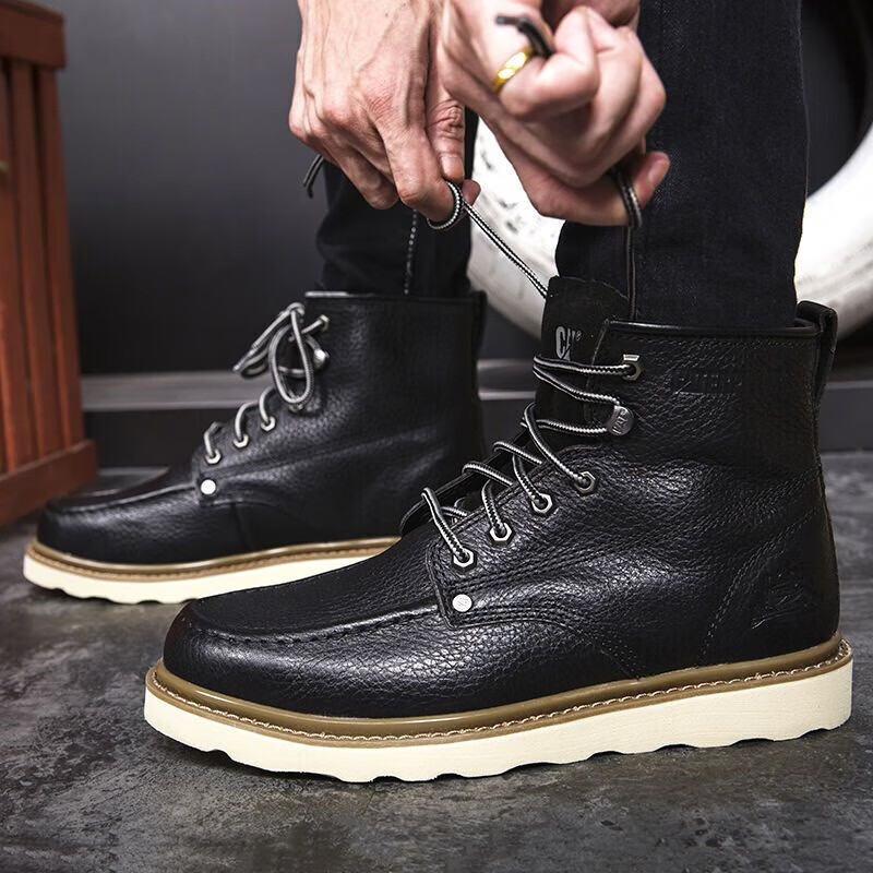 卡特 cat卡特男鞋中高帮马丁靴工装鞋皮机车工装靴牛皮鞋卡特短靴男款