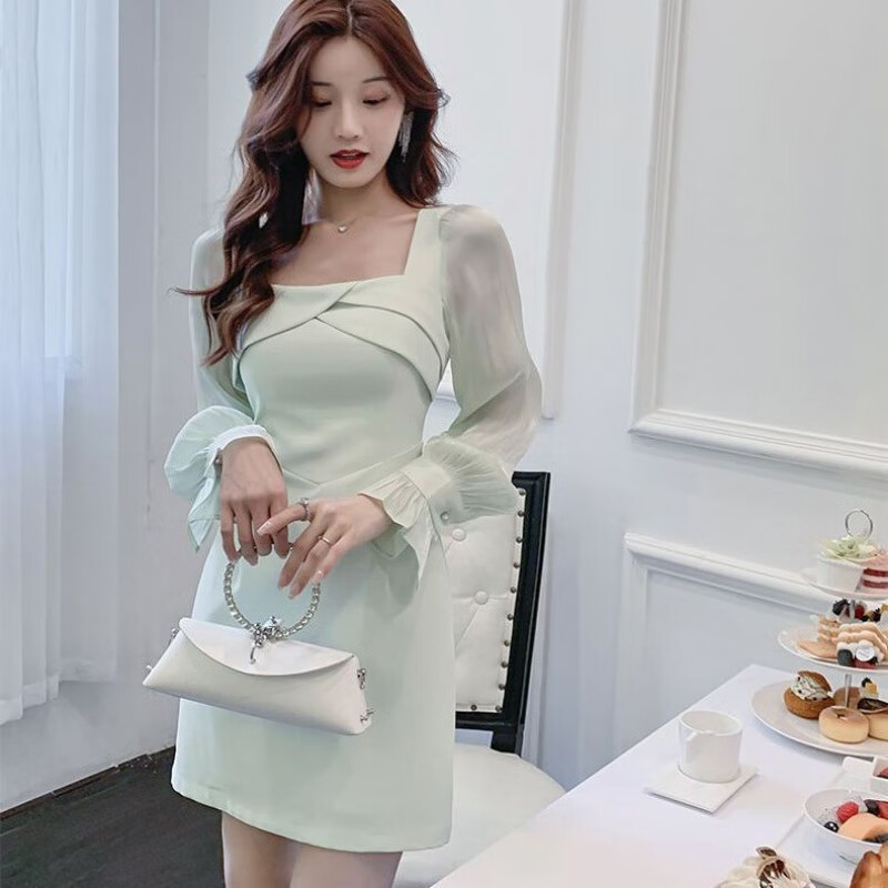 珍妮羊春季新款长袖连衣裙女时尚洋气修身显瘦气质名媛感a字裙 绿色