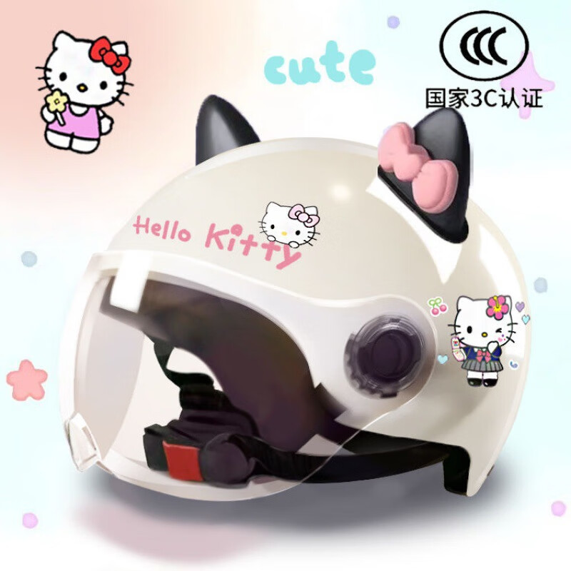 YOHE3C認證新國標Hello Kitty安全帽電動車頭盔防曬可愛女士 四季通用 KT貓-C款-透明-KT黑粉 3C-高清長鏡片