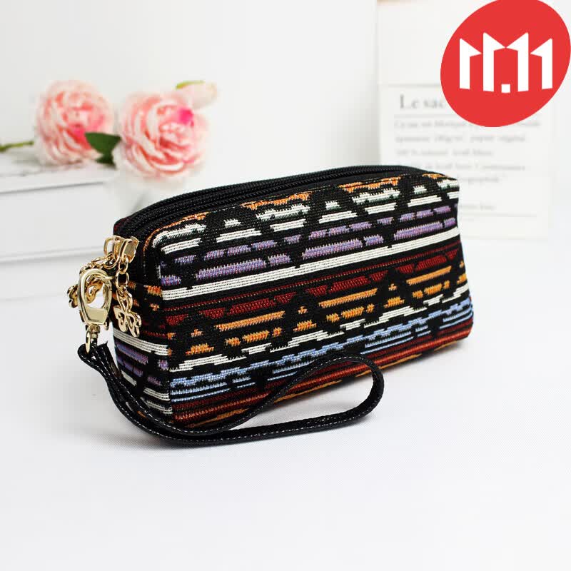 Gekazi品牌  2021秋冬新款大屏手机零钱包女士手拿手挽小包包三层休闲帆布包 条纹经典黑 手拿包