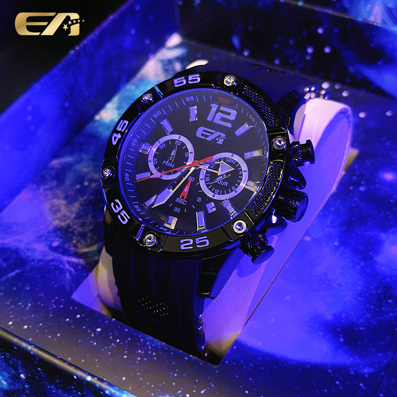 ea运动男表夜光硅胶表带防水石英学生表 黑壳黑带 44mm