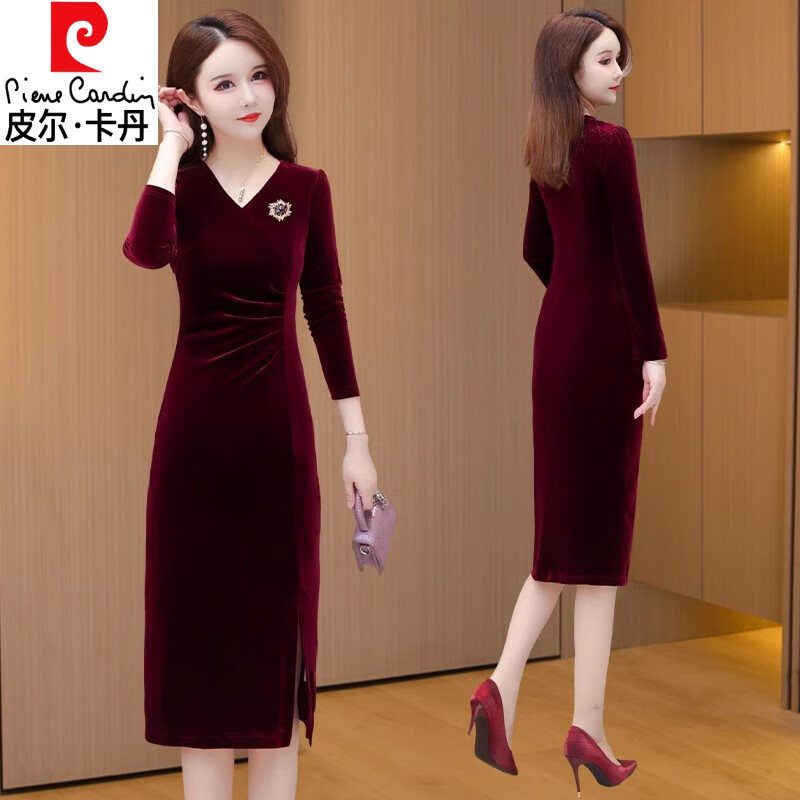 皮爾卡丹（pierre cardin）金絲絨旗袍連衣裙女2024新款春秋洋氣質(zhì)喜婆婆婚宴裝媽結(jié)婚禮服裙 紅色 XL 適合【116-125斤】
