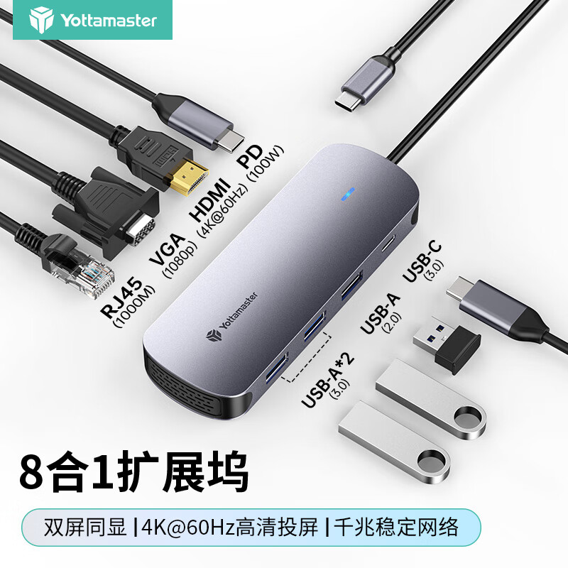 尤达大师（Yottamaster）拓展坞Type-C USB分线器双屏异显4K多屏炒股扩展HUB分线器适用iPad苹果M