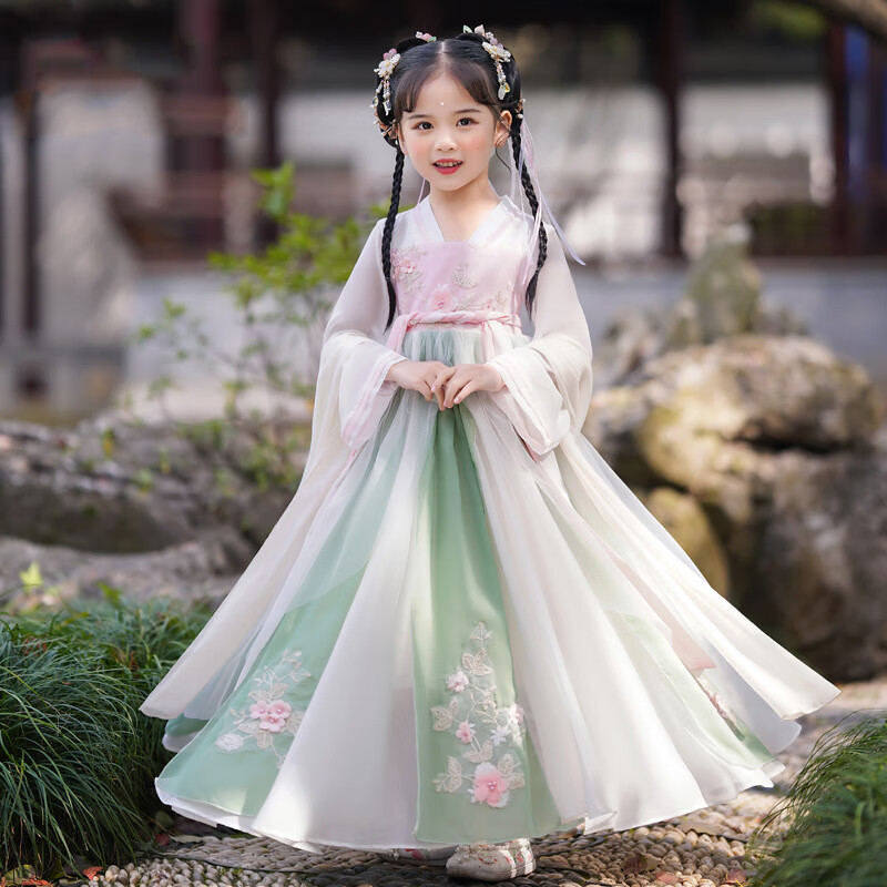 唐麒儿童汉服古装超仙女樱花襦裙女童飘逸春秋古风连衣裙国风唐装襦裙