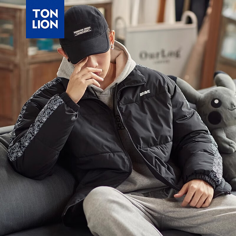 唐狮冬季新款男立领棉衣加厚保暖外套腰果花拼块时髦英伦风棉服面包服 黑色 XL