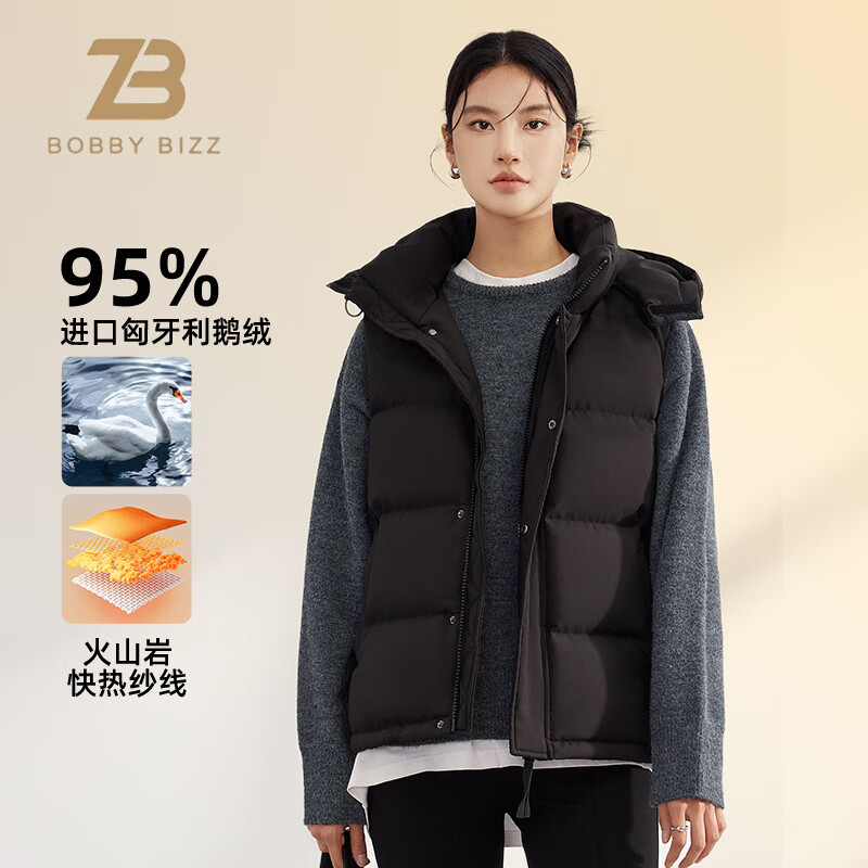 BOBBY BIZZ95%白鹅绒羽绒马甲女短款24年女士纯色加厚保暖背心冬季新款外套 黑色 S 建议110斤左右 京东折扣/优惠券