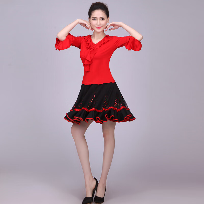 TAO HAN现代舞演出服女2024新款民族舞蹈服装扇子舞广场舞连衣裙套装 红色A款 M