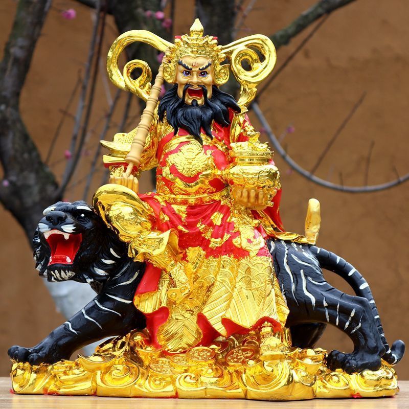 新款树脂骑虎赵公明财神像供奉摆件黑虎武财神12寸16寸 12寸金色脸