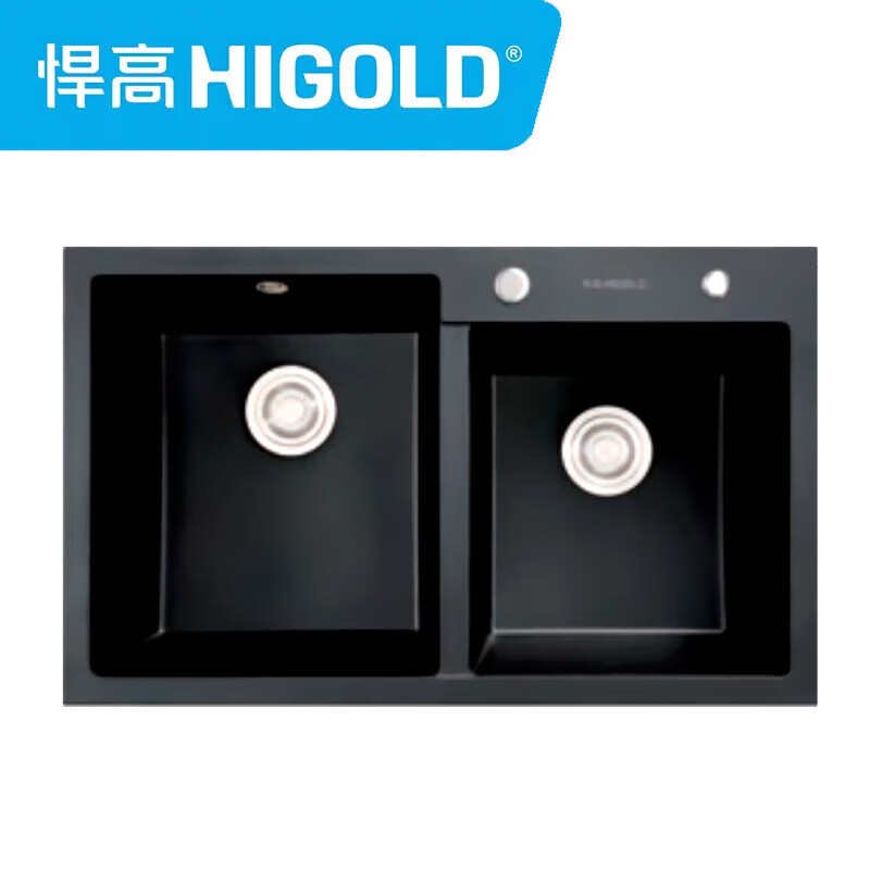 悍高 higold石英石水槽935006厨房大双槽尺寸800x480x200mm白黑色洗菜