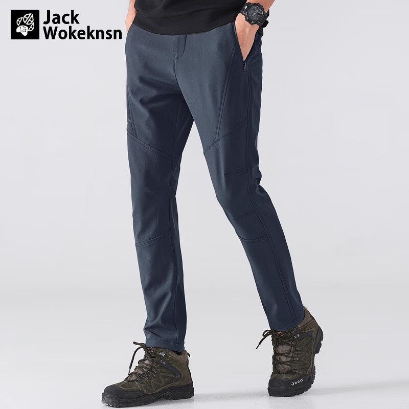 JACK WOKEKNSN狼爪云户外冲锋防风加绒秋冬男保暖女防水加厚软壳登山长裤新款 黑色-男款 2XL
