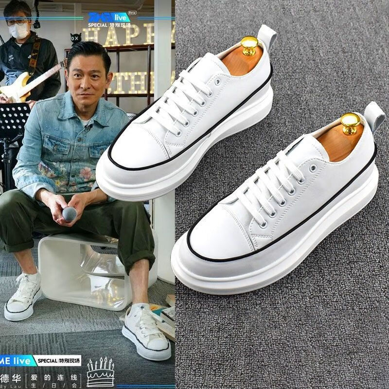 增高夏季明星同款小白鞋休闲鞋男刘德华厚底乐福鞋白色板鞋子 白色