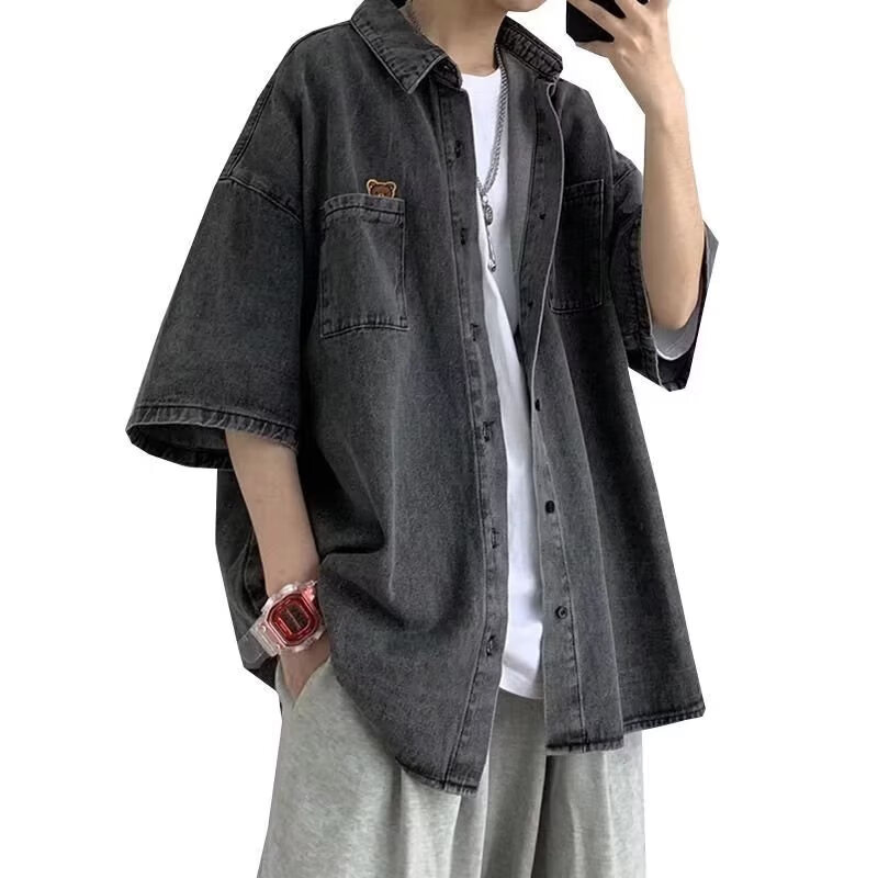 迈迪萨牛仔短袖衬衫男2026夏季青年ins潮港风休闲衬衣外套上衣潮 黑色 L