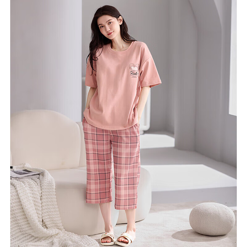 芬腾夏季纯棉睡衣女士薄款短袖七分裤休闲宽松夏天家居服套装 FX25920071粉红 2XL （建议145-160斤）