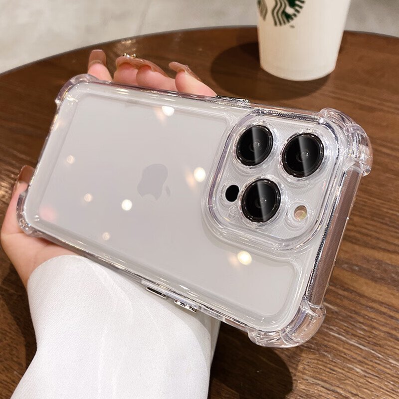 韵宁四角气囊加厚防摔适用苹果17手机壳苍岭绿电镀iPhone手机保护壳新款透明高级感全包镜头保护轻奢 透明-四角防摔太空壳 iPhone16ProMax