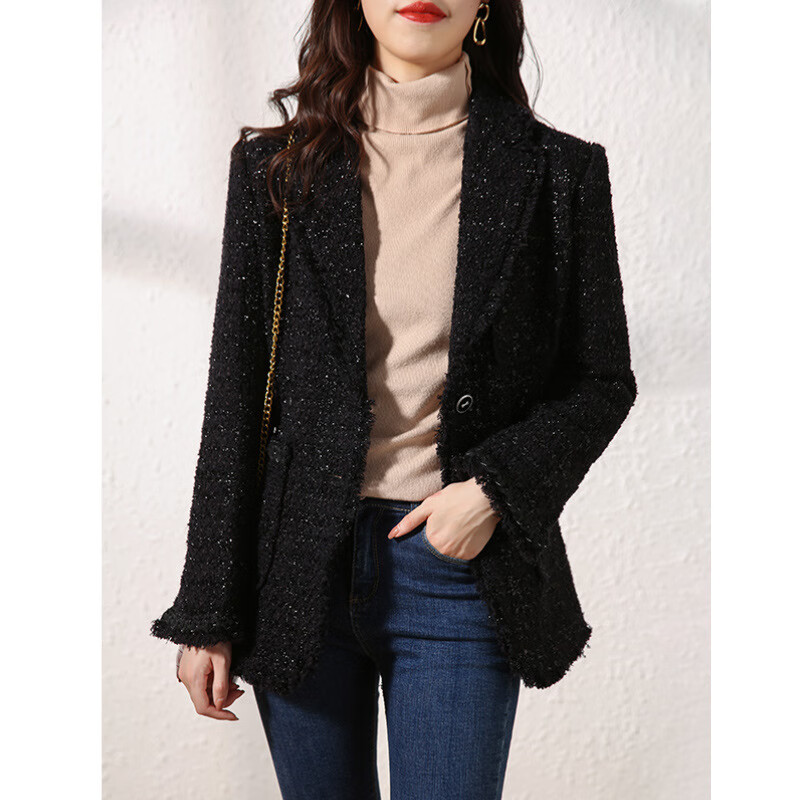 tvaj羊毛小香风外套女装 2024年春款新款春秋短款粗花呢黑色上衣 黑底