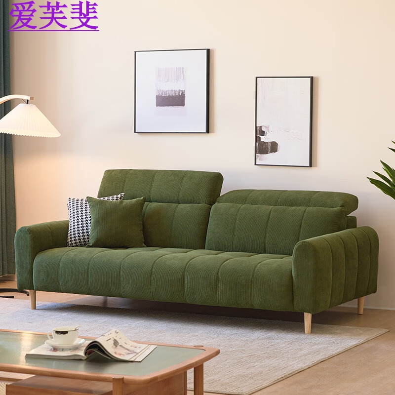 轻奢风小户型布艺沙发简约客厅直排靠背可调节复古灯芯 墨绿色灯芯绒