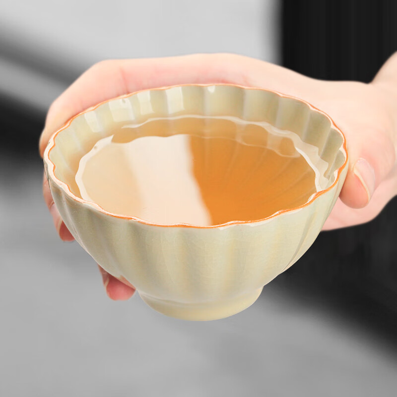 易信花瓣大号茶杯主人杯汝窑开片喝茶杯陶瓷杯单杯锦盒包装茶具配件 汝窑菊花杯-米黄