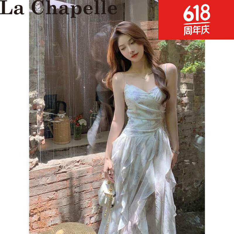 拉夏贝尔吊带连衣裙裙带胸垫超仙度假海边沙滩裙性感无袖温柔收腰甜辣长款 碎花吊带裙 8242 M