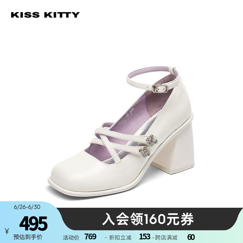 KISSKITTY明星同款芭蕾玛丽珍鞋新款高跟鞋粗跟交叉绑带百搭单鞋SA43111-82 白色牛皮革 37
