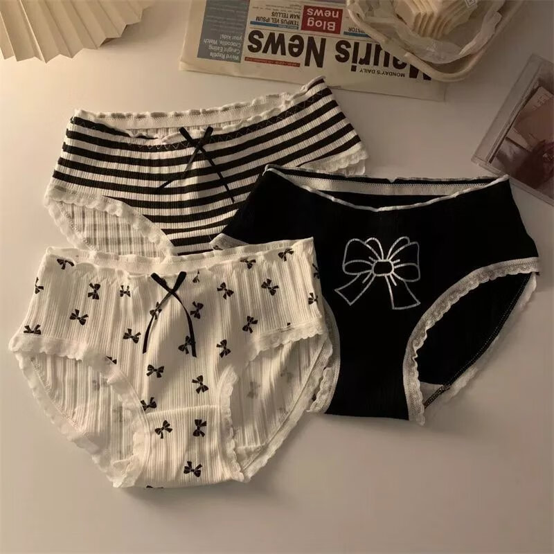 日系甜美少女新款内裤女黑白格子条纹蝴蝶结裆透气三角裤学生 5条装 M 建议65-85斤