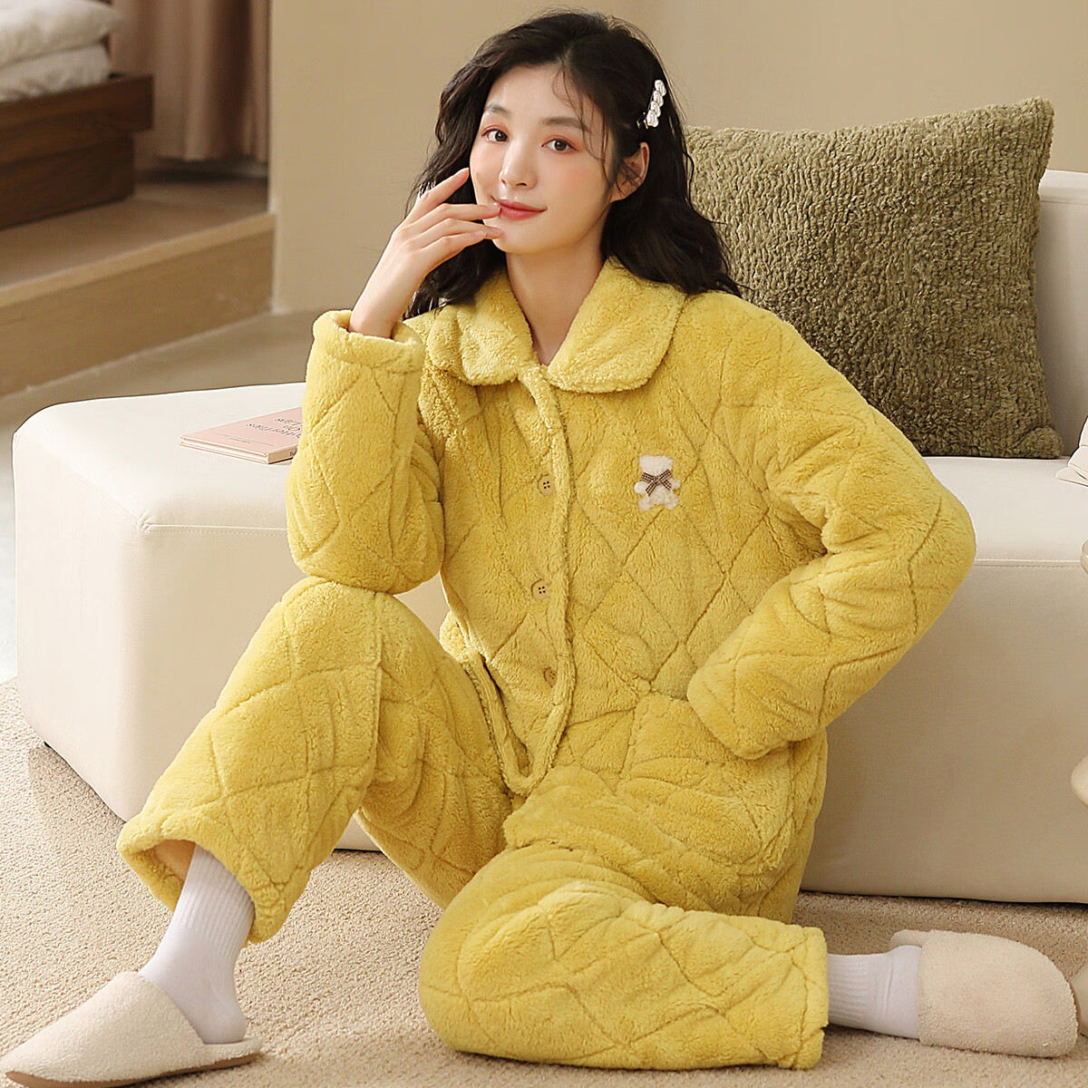 香蜜闺秀【三层夹棉加厚】暖冬可外穿长袖开衫女士家居服棉服保暖睡衣套装 W3403029黄色 XL