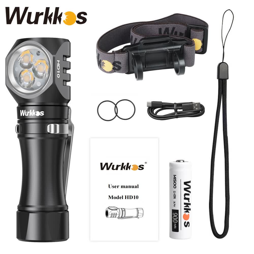 WURKKOS沃克思达HD10强光夜钓灯14500拐角手电筒户外越野夜跑步头灯 HD10黑色套装【含电池】 4000K