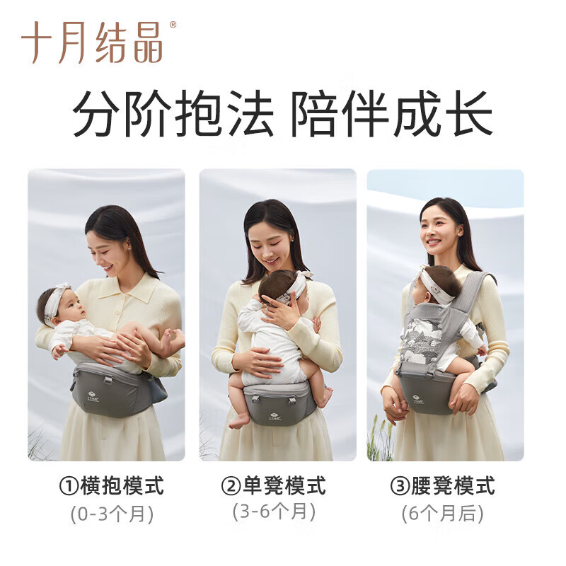 十月结晶腰凳婴儿背带抱娃神器四季通用透气肩带多功能宝宝坐凳 青鸾灰
