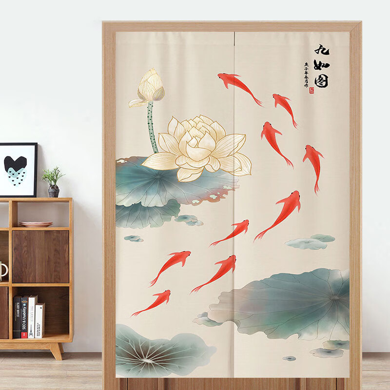 中式九鱼图荷花门帘卧室隔断帘厨房免打孔帘子家用卫生间厕所挂帘 n