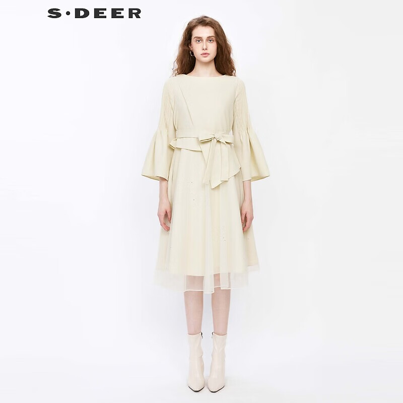 S.DEER圣迪奥女装圆领压褶网纱喇叭袖连衣裙S241Z1252 米白/48 S 160