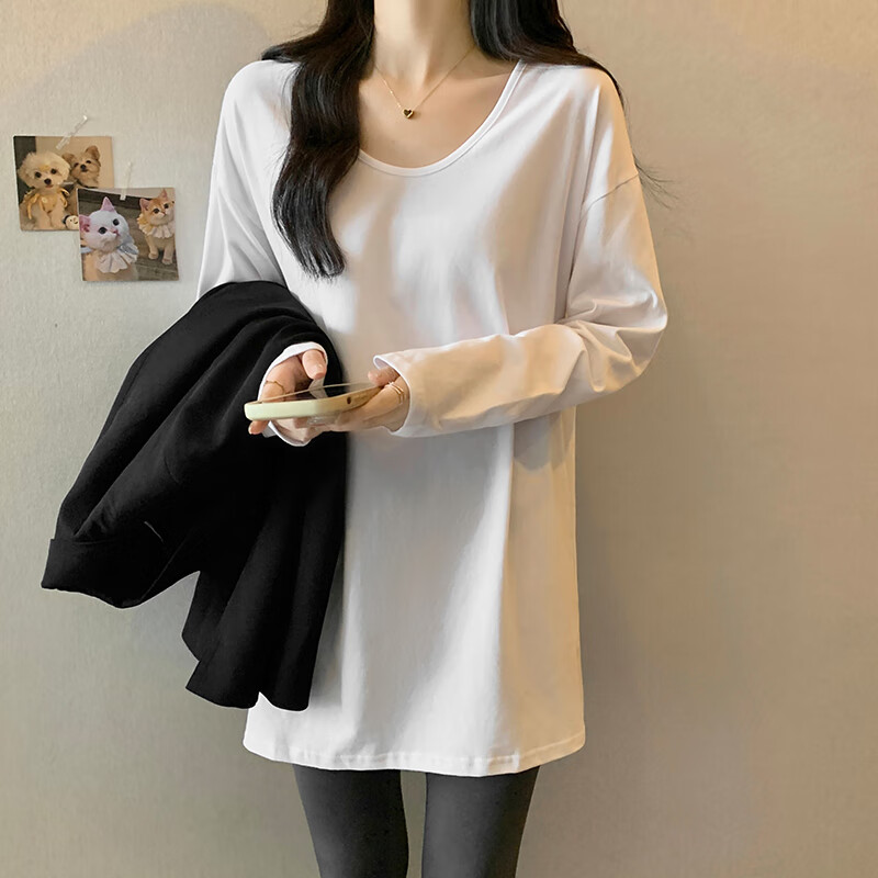 欢呼声 sh春季长款t恤女遮臀白色v领加绒打底欧货遮屁股配裤子的上衣