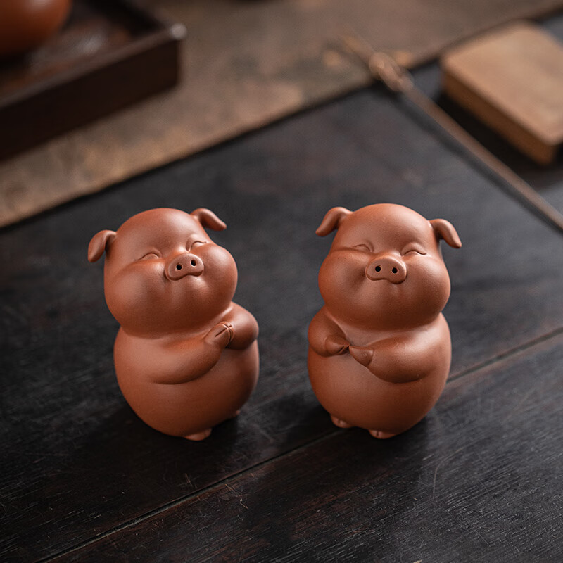 木客紫砂茶寵可愛小豬擺件創(chuàng)意精品可養(yǎng)生肖豬茶玩茶臺茶具裝飾品配件 祈福平安豬紫砂一對（簡裝）