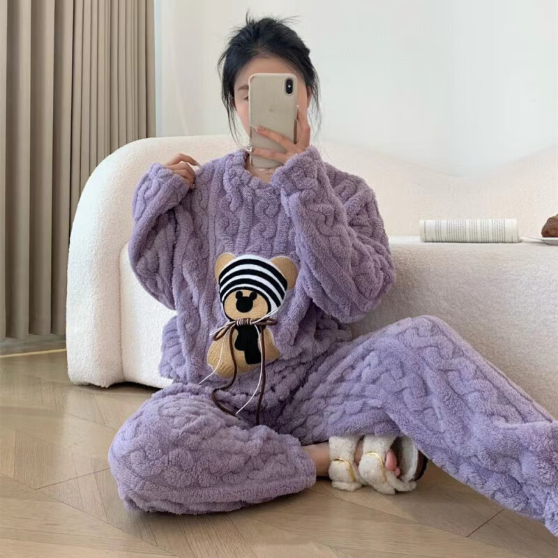 诗莉奥(SHILIAO)珊瑚绒睡衣女冬天加厚外穿可爱法兰绒家居服时尚宽松长款开衫套装 小熊卡其色 均码 (80-140斤)