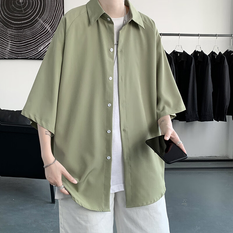 OEMG  夏季薄款短袖衬衫男女潮流垂感七分半袖高级感情侣宽松休闲外套 CS1136卡其色 XL 【建议130-145斤】