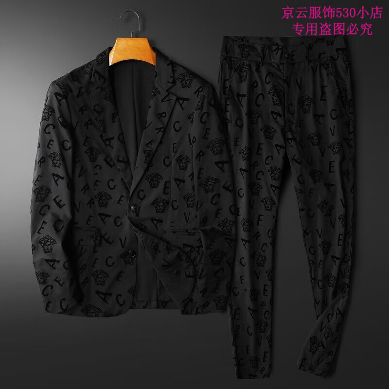 欧洲站潮牌2023男士春秋新款时尚帅气植绒小西装套装休闲西服套装 范