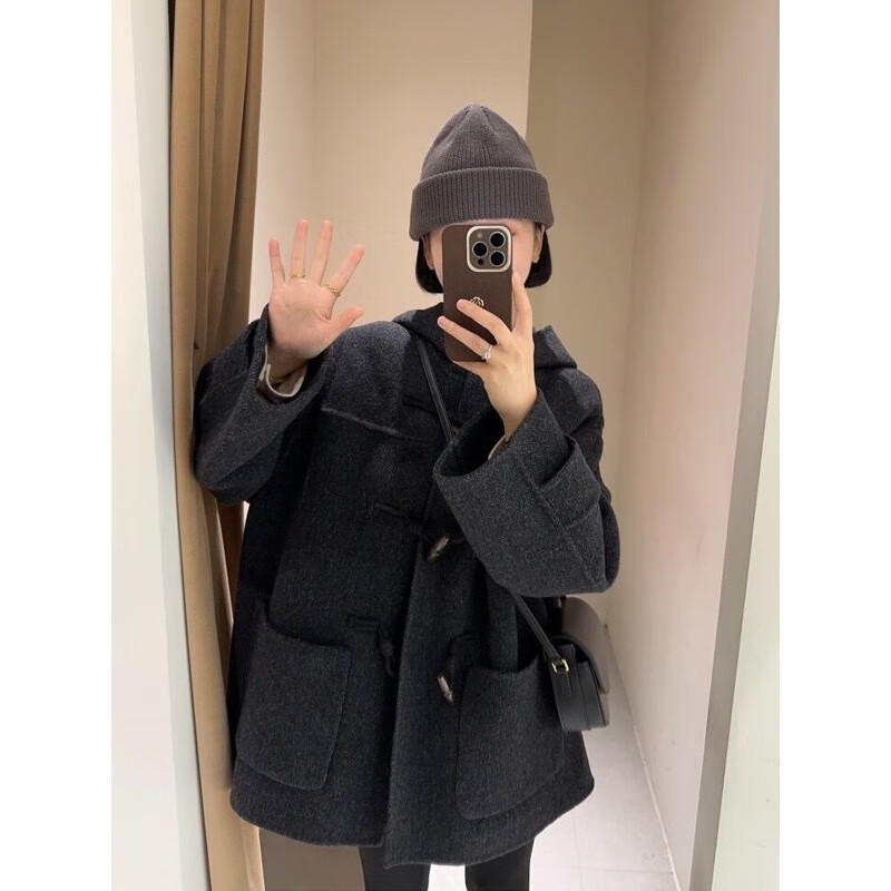 ANGEL MOOD牛角扣短款呢子大衣女2025年新款春秋季毛呢外套感小個(gè)子韓版連帽 深灰色 升級(jí)面料不起球 L