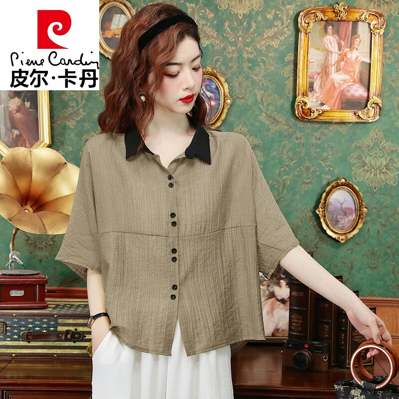 皮爾卡丹（pierre cardin）亞麻短袖襯衫女士春夏2024新款夏裝棉麻上衣高端襯衣洋氣減齡小衫 駝色 2XL