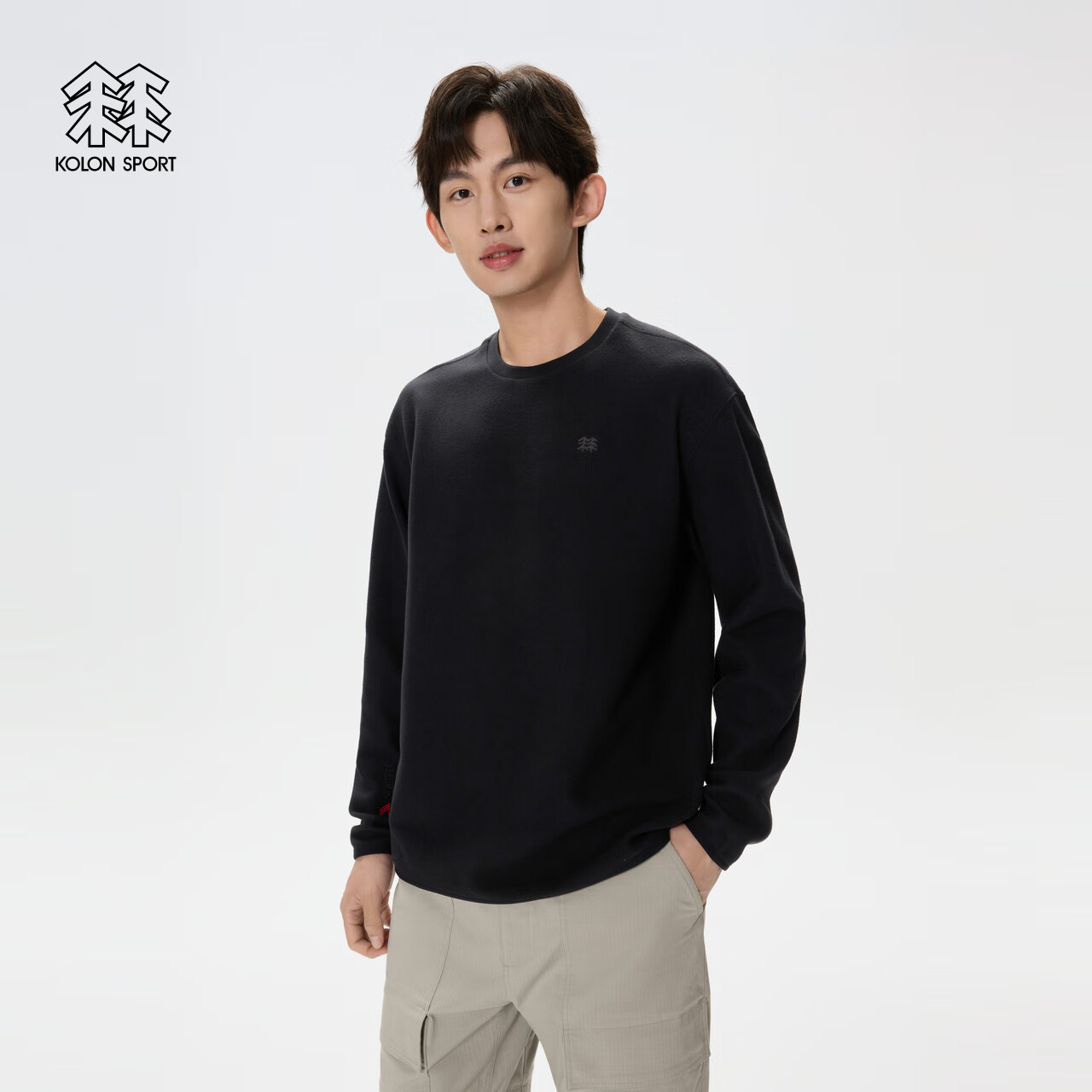 KOLON SPORT/可隆POLARTEC长袖T恤 男女同款户外抓绒刺绣宽松圆领内搭上衣 LURT5ST536-BK 黑色 S 165/88A