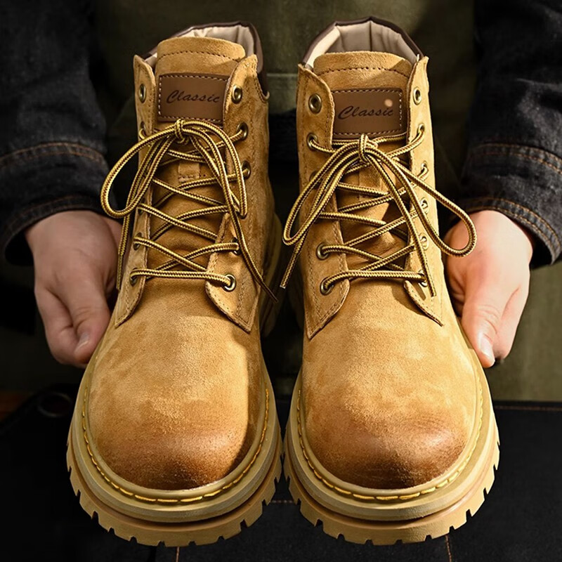 H8马丁靴男中帮英伦风真皮工装鞋高帮厚底户外登山鞋男士大黄靴子 黄棕色（猪皮）旗舰版 44 男码