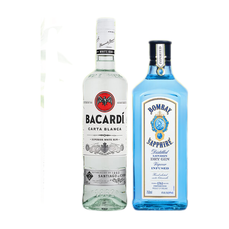 百加得洋酒组合 白朗姆酒750ml+孟买蓝宝石金酒750ml  莫吉托Mojito 白朗姆+孟买金酒 750mL 2瓶