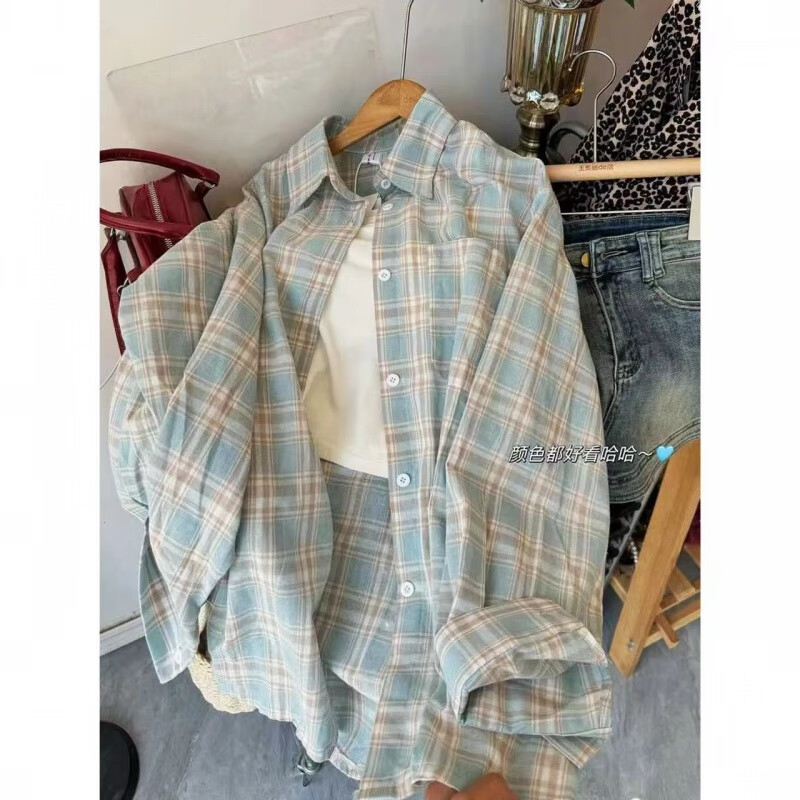 雷黛茜幂式穿搭格子衬衫女内搭叠穿复古宽松慵懒风衬衣开衫外套长袖上衣 【267#蓝】100%优质 XXS