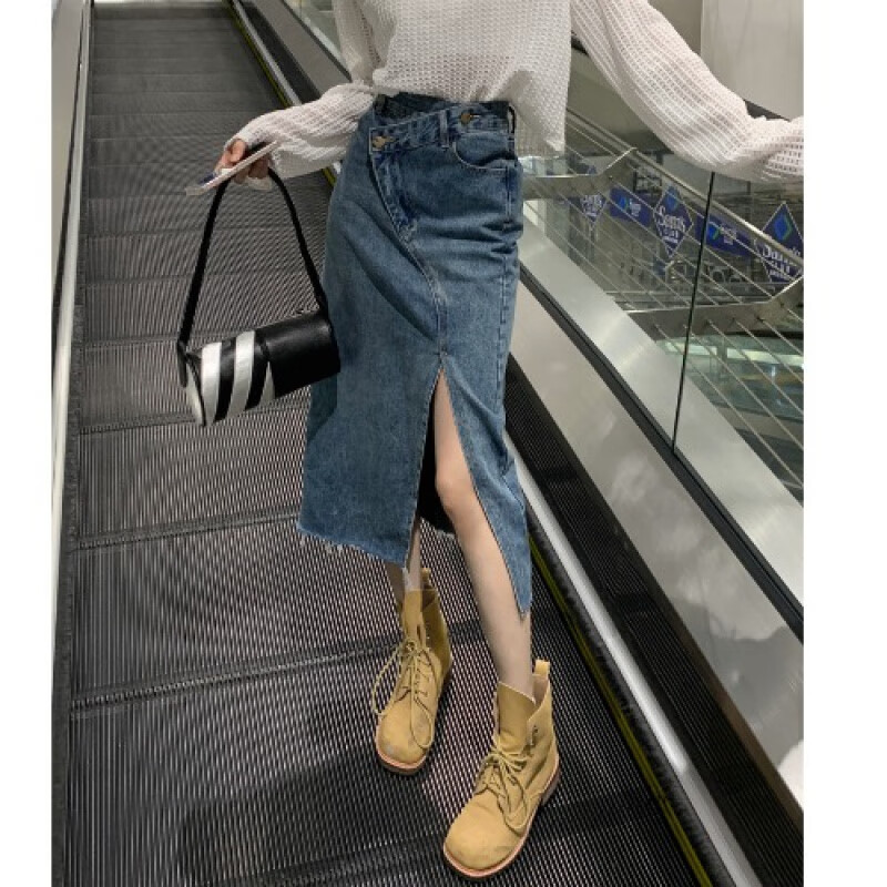 la chapelle sport开叉半身裙女春秋不规则设计感斜扣牛仔裙高腰中长