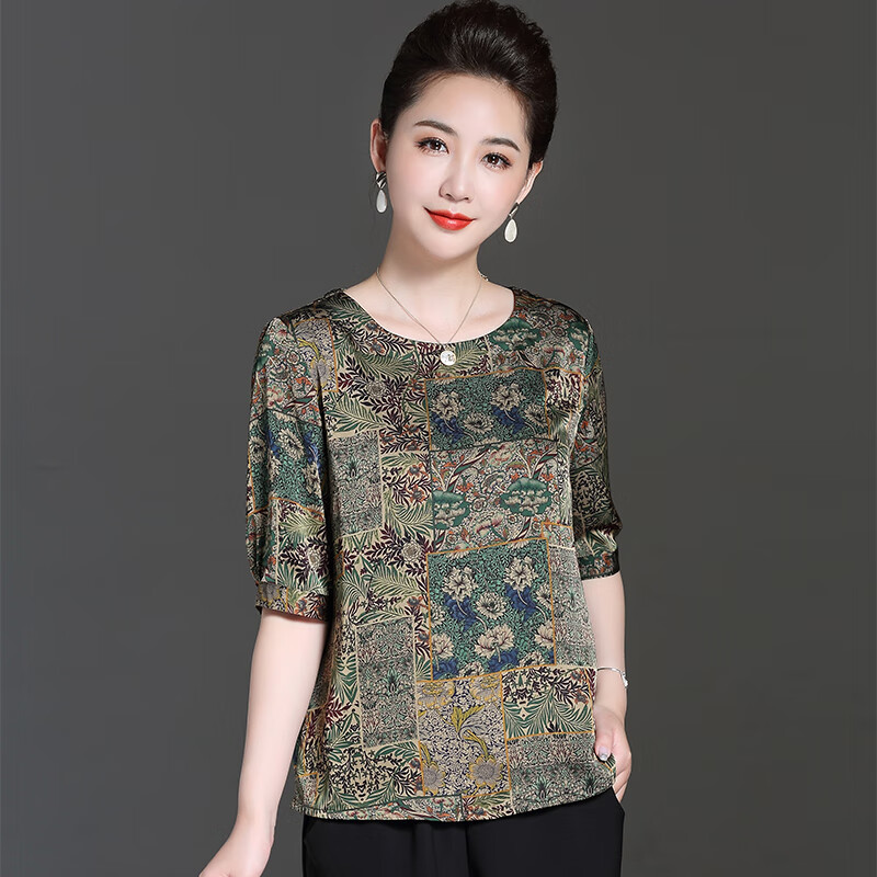 蔺涵香云纱桑蚕丝中老年女妈妈装洋气薄款短袖真丝上衣女t夏小衫 绿色