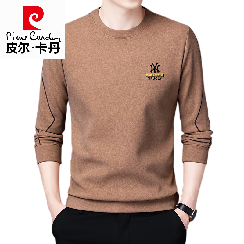 皮尔卡丹(pierre cardin)高档款男士圆领卫衣春秋季纯棉长袖t恤休闲宽松打底衫印花上衣潮 WY驼色 165/M【建议120斤以内】